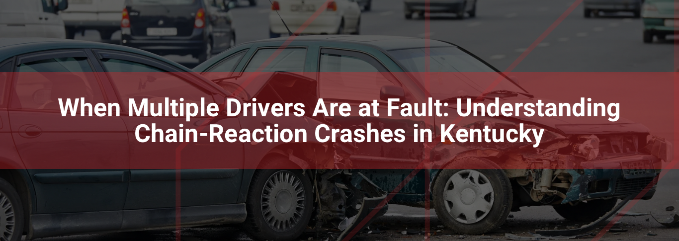 Image of damaged cars after a multi-car accident, illustrating the complexities of chain-reaction crashes in Kentucky, with text overlay discussing fault determination in such incidents.